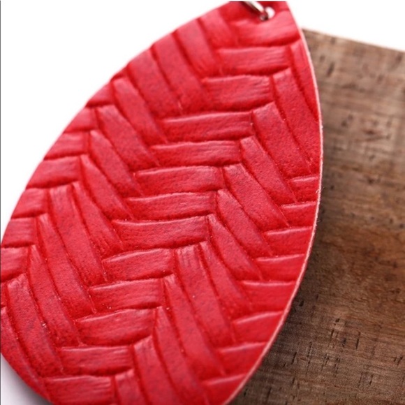Red Braided Leather Leaf Tribal Drop Earrings - Picture 4 of 5